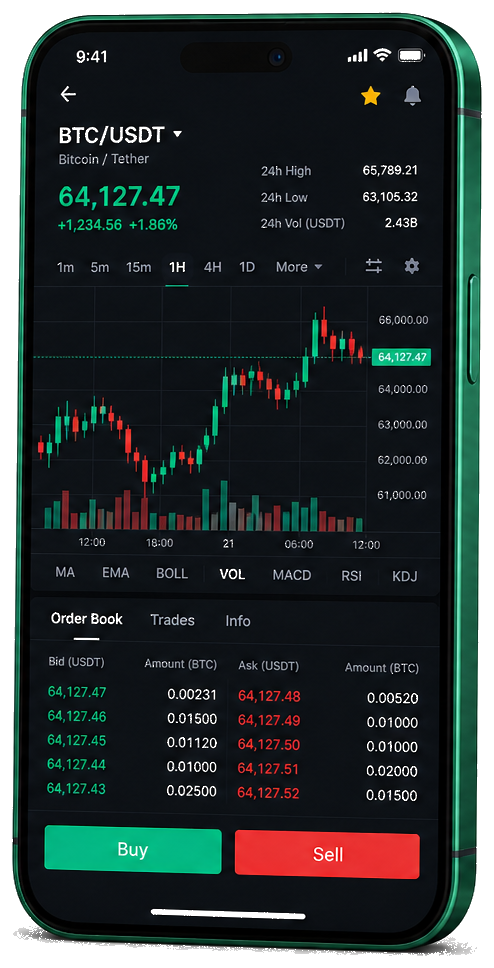 Aplicación móvil de Yieldario para trading con gráficos en vivo de BTC/USDT, libro de órdenes y panel de control de operaciones